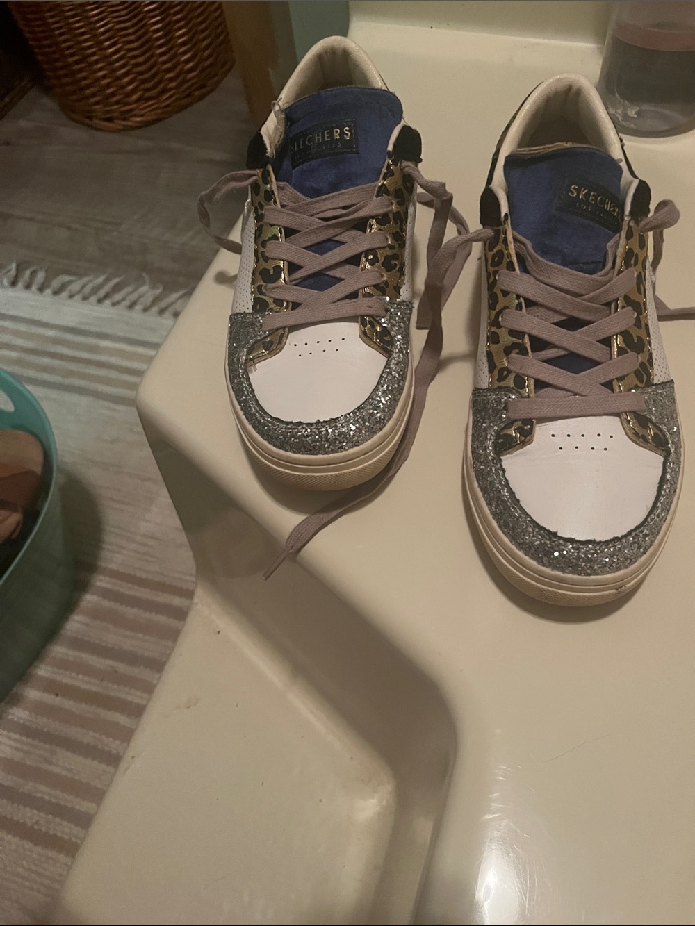 Skechers womens White Sneakers with Silver Glitter & Leopard Accents